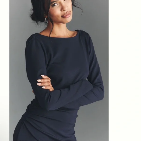 Nwt anthro Elegant long sleeve cowl back navy maxi Dress - Picture 4 of 5